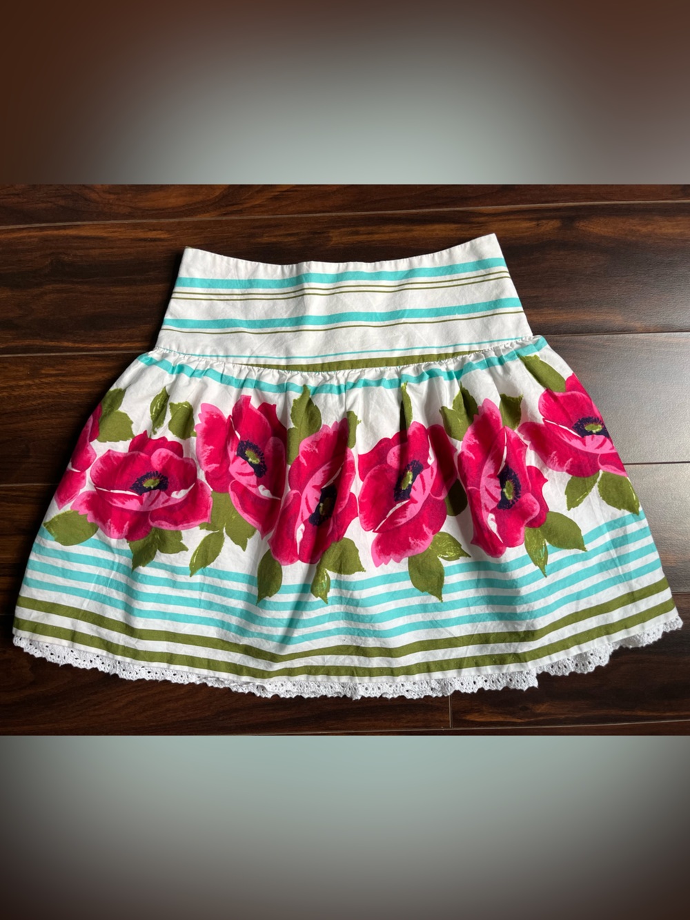 Bonnie Jean Pink Floral & Aqua Striped Skirt w/ Lace Trim, Girl’s 7, EUC